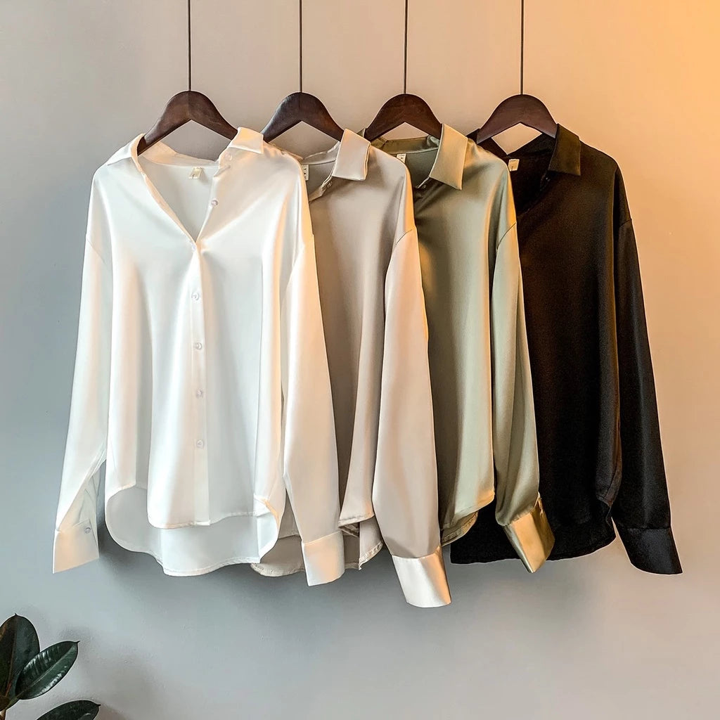 Long Sleeve Satin Blouse for Women – Korean Style Work Shirt