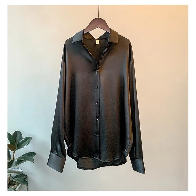 Long Sleeve Satin Blouse for Women – Korean Style Work Shirt