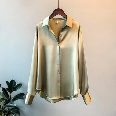 Long Sleeve Satin Blouse for Women – Korean Style Work Shirt