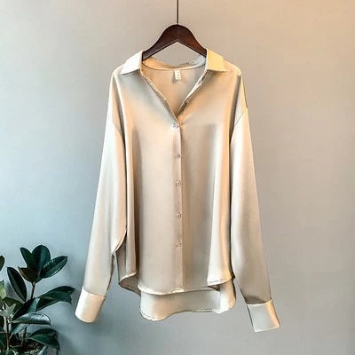 Long Sleeve Satin Blouse for Women – Korean Style Work Shirt