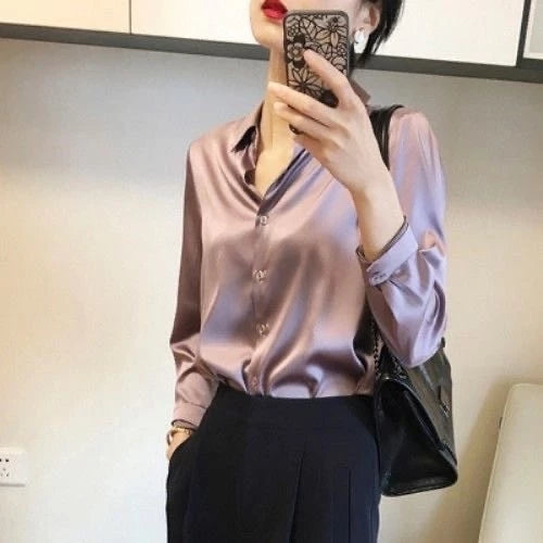 Long Sleeve Satin Blouse for Women – Korean Style Work Shirt