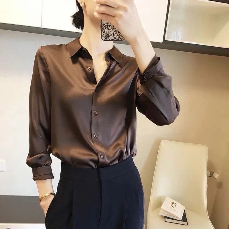 Long Sleeve Satin Blouse for Women – Korean Style Work Shirt