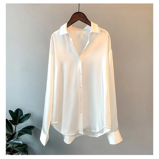 Long Sleeve Satin Blouse for Women – Korean Style Work Shirt